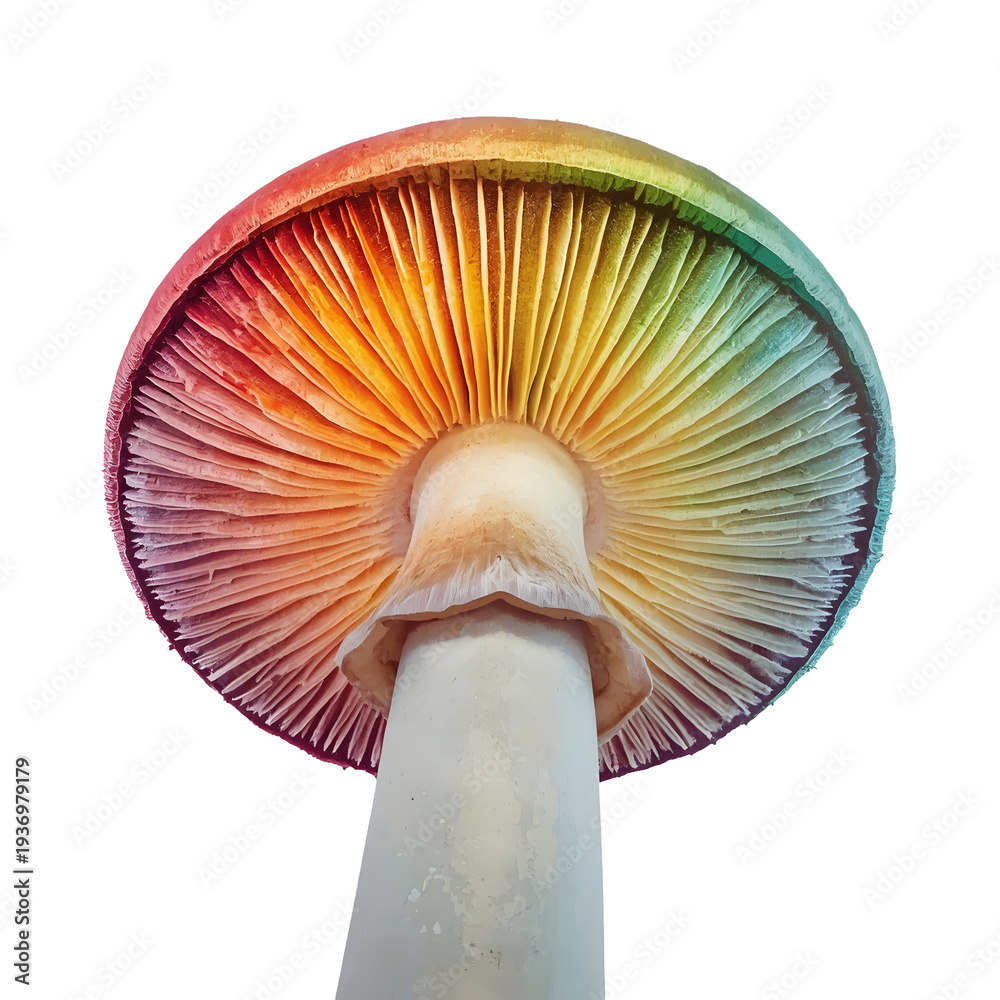 Obraz premium Low angle view of a rainbow colored mushroom with visible gills on a white background