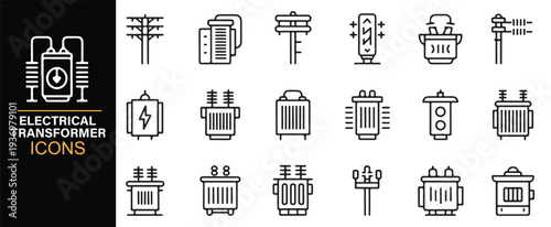 Electrical engineering transformer and grid outline icons