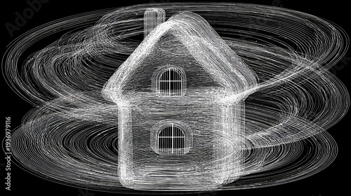 A sketch of a house with swirls. The piece is rendered in monochrome on a black background
