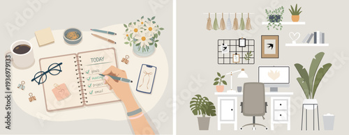 Woman planning goals in a notebook on a cozy home workspace. Flat vector illustration. Top view desk with planner, glasses, smartphone, pen and decor in soft pastel beige and grey colors. Productivity