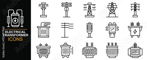 Electric transformer equipment vector line icon collection