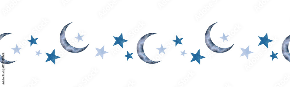 Obraz premium Seamless banner of a blue crescent moon, stars of varying sizes. Watercolor illustration. Border with a night sky atmosphere. Hand drawn isolated art. Children cartoon sketch for a bedroom, wallpaper