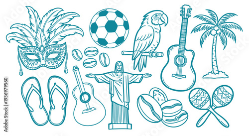 Vibrant Brazilian culture icons including a mask guitar soccer ball parrot coffee beans and Christ the Redeemer statue