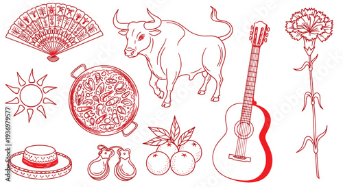 Spanish Cultural Icons Collection Featuring Bull Guitar Fan Paella Oranges Castanets Sun Carnation and Sombrero
