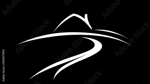 Abstract white lines form a dynamic shape, with upward sweeping curves and angular accents on black