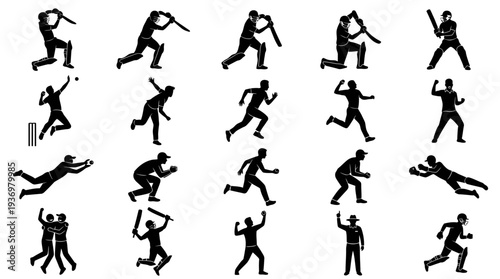 Dynamic Cricket Players Vector Silhouettes Collection | Batting Bowling Fielding Wicketkeeping Catching Celebrating Sports Icons | Black Action Poses Vector Art for Cricket Design