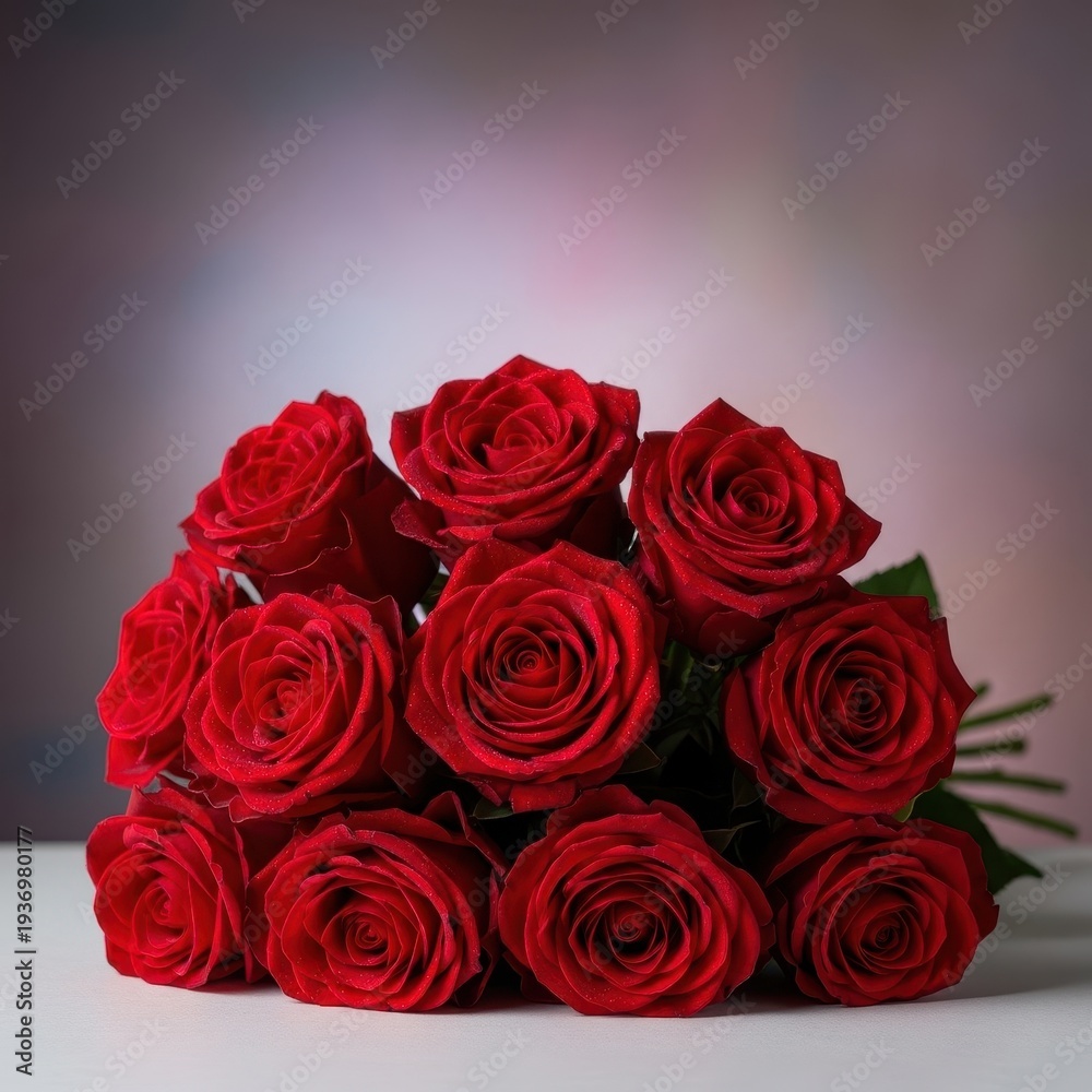 Naklejka premium A lavish bouquet of deep crimson roses presented as the ultimate symbol of passionate romance and timeless devotion on Valentine's Day, romance, affection, rose