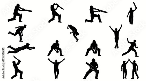 Dynamic Cricket Players Vector Silhouettes Collection | Batting Bowling Fielding Wicketkeeping Catching Celebrating Sports Icons | Black Action Poses Vector Art for Cricket Design