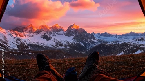 Stunning mountain sunset with pink orange sky, hiker silhouette on alpine meadow, epic peaceful nature landscape adventure video