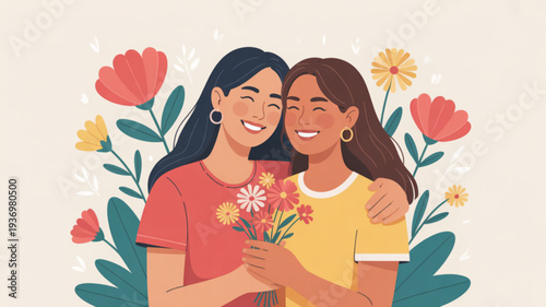 Two smiling women hugging with flowers colorful floral background friendship and love concept