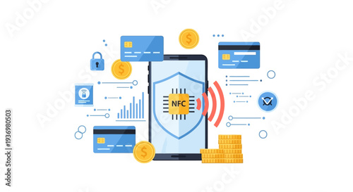 Secure NFC Mobile Payment concept. Digital wallet security illustration with shield, credit cards, coins, and smartphone technology.
