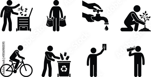 Set of vector icons promoting sustainable practices in waste management and eco-friendly activities