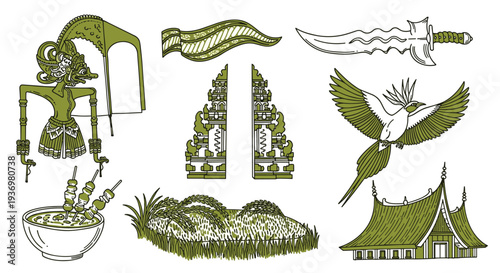 traditional balinese cultural elements including wayang puppet ornate temple gate and ornate bird illustration