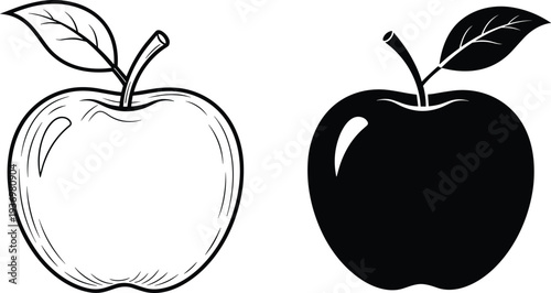 Hand Drawn Apple Outline and Solid Black Silhouette Icons Featuring Fruit with Leaf for Healthy Living and Cad Drawing Flat Vector Illustration