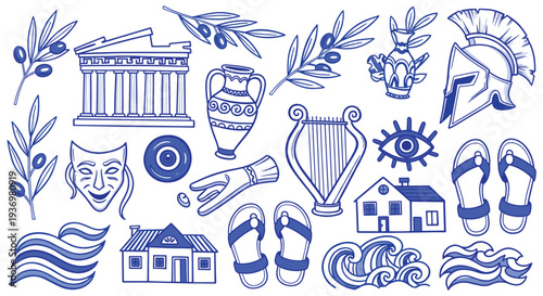 Ancient Greek Symbols and Architecture Collection Representing History Culture and Mythology