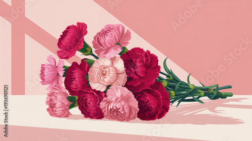 Vibrant bouquet of pink and red roses on white table against soft pink background with green stems