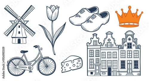 Iconic Dutch symbols including windmill tulip bicycle cheese clog houses and crown on white background