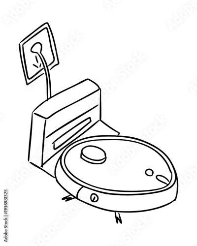 Illustration of a robotic vacuum cleaner docked at its charging station with a power cord plugged into the wall outlet, showcasing a modern home cleaning device