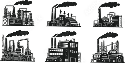 Black factory silhouette set with industrial building icons, smoking chimneys, power plants, and workers vector illustration for manufacturing and energy production design projects.