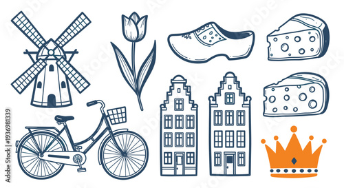 Iconic Dutch Symbols Including Windmill Tulip Clog Houses Cheese Bicycle Crown and Flowers Representing Holland Culture
