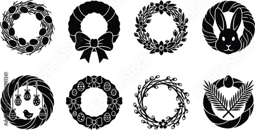 Set of eight decorative black silhouette wreath designs for seasonal celebrations