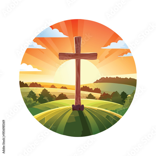 Wooden cross on hill with rising sun and landscape scene