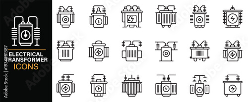 Electric substation and voltage converter vector outline icons