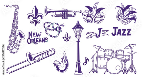 New Orleans Jazz Festival Celebration Mardi Gras Masquerade Masks Musical Instruments and Street Lamp Illustration