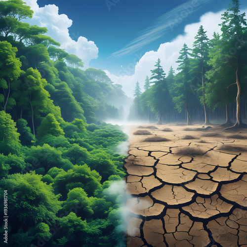 The duality of climate change a contrast between lush forests and barren lands depicting the urge
