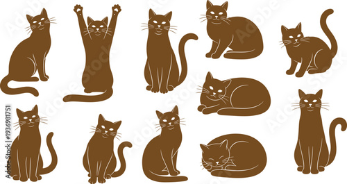 Cute Brown Cat Silhouette Set Featuring Various Poses Like Sitting Stretching and Sleeping for Pet Lovers Animal Care and Veterinary Design