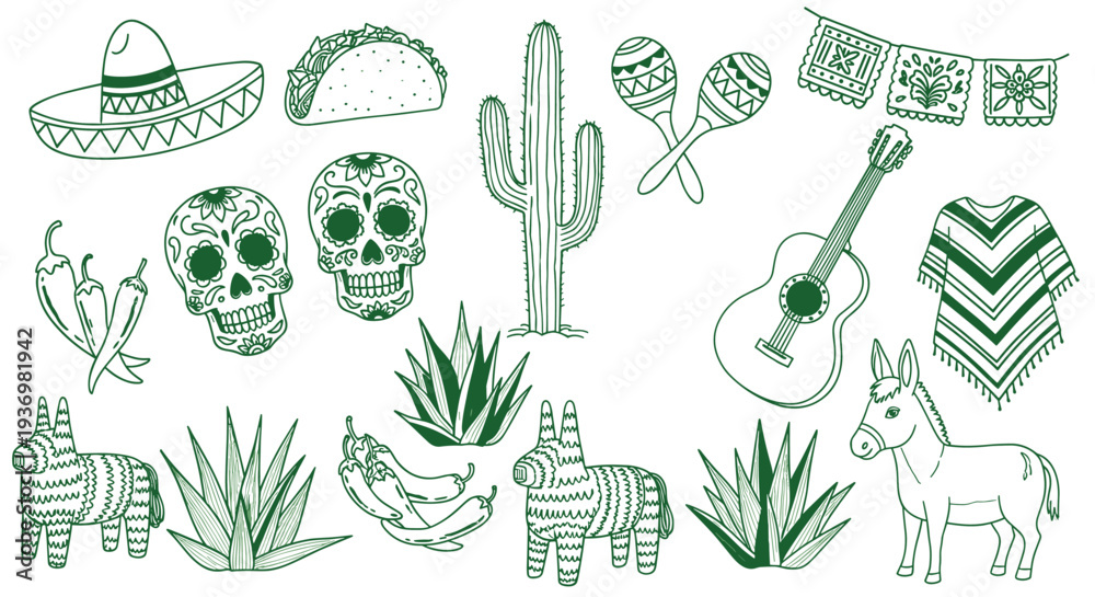 Naklejka premium Mexican Fiesta Celebration Icons Featuring Sombrero Cactus Guitar Maracas Poncho Taco Skull Pinata Donkey