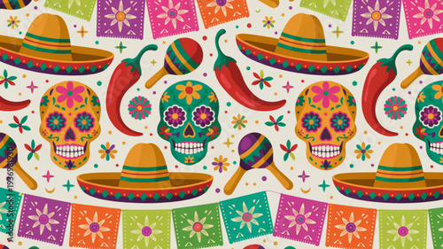 Vibrant mexican fiesta pattern with sugar skulls sombreros maracas and chili peppers on colorful background