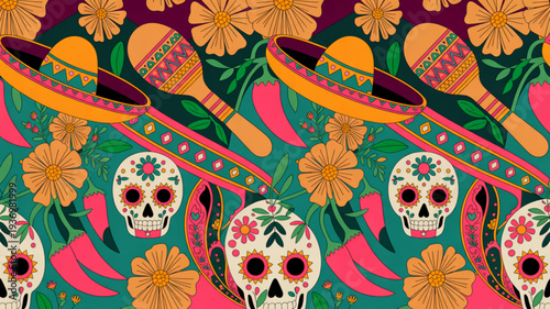 Vibrant mexican day of the dead pattern with sugar skulls sombreros and floral motifs on green background