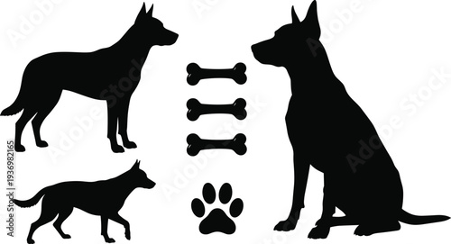German Shepherd dog silhouettes set featuring standing sitting and walking poses with dog bone and paw print icons for pet care design