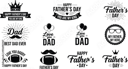 Happy Fathers Day greeting card set with king crown mustache and ball icons for best dad celebration and family holiday gift tags