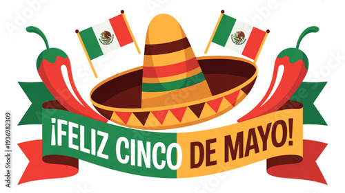 Vibrant cinco de mayo celebration graphic with sombrero chili peppers and mexican flags on white background