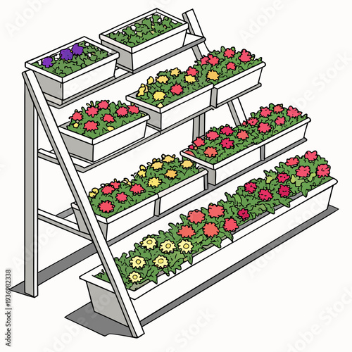 Garden nursery setup with multiple flower planters on metal shelves
