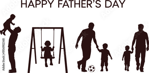 Happy Father's Day Greeting Silhouette Set with Dad and Child Playing Soccer Swinging and Walking Together for Family Love and Bonding Concept