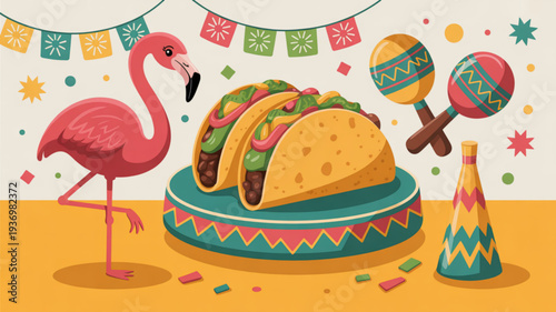 Vibrant mexican fiesta scene with flamingo tacos maracas and party hat on colorful table