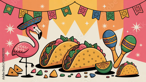 Vibrant mexican fiesta scene with flamingo tacos and maracas under colorful banners