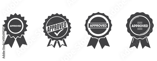 Set of approved badges with ribbons flat vector design for quality certification and web elements isolated on white