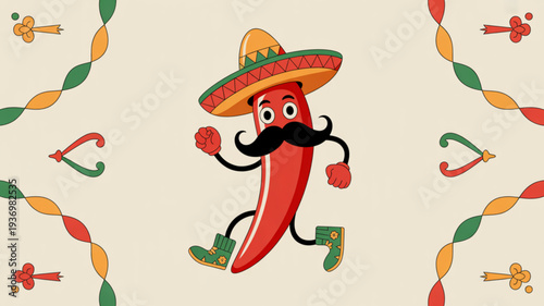 Cartoon chili pepper character wearing sombrero runs with festive mexican background