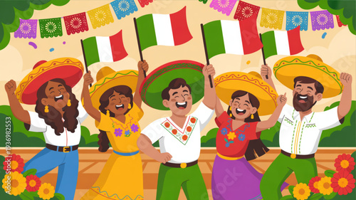 Diverse group of people celebrating cinco de mayo with mexican flags and flowers