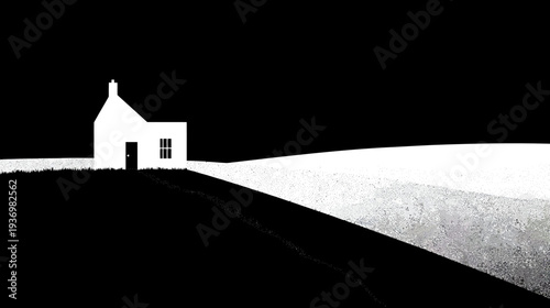 Black and white minimalist landscape features a house, road, grass, and a bright light