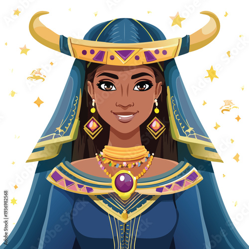 Woman in ornate headwear with jewels and blue attire