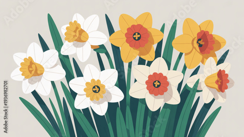 Vibrant bouquet of white yellow and orange daffodils with green leaves on light gray background symbolizing spring and renewal
