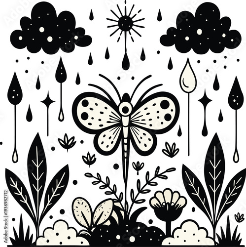 Coloring page Whimsical black and white line butterfly with flowers and raindrops vector illustration