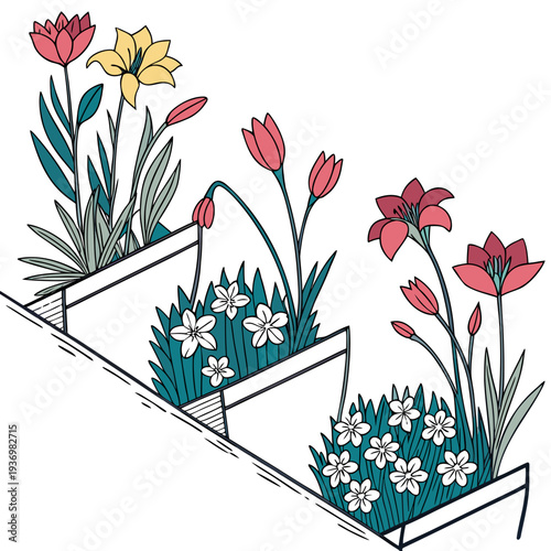 Colorful flowers and plants in white planters on a white background