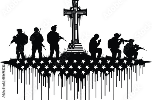 Patriotic Military Soldier Silhouette Set with American Flag and Memorial Cross for Veterans Day Memorial Day and Fallen Heroes Remembrance Concept Design