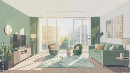 Modern minimalist living room interior with green sofa city view and natural light